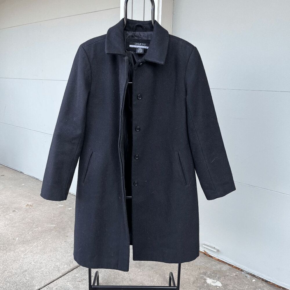 Vintage Y2K Leslie Fay Black Wool Mid-length Coat Jacket Size 10, Minimalist - Picture 2 of 7